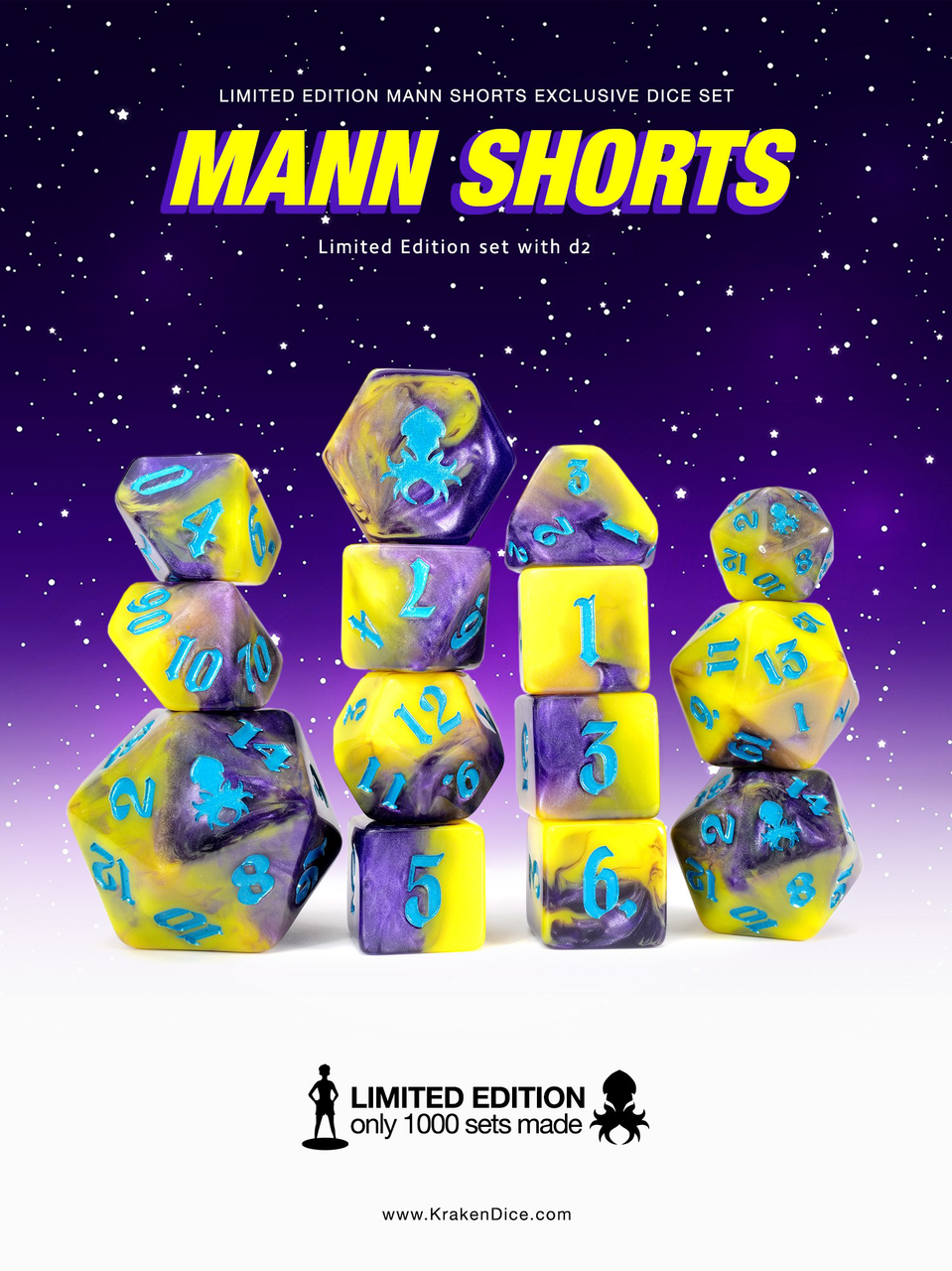 Kraken Dice - Mann Shorts Florida Mann 14pc Polyhedral Dice set with Blue Ink